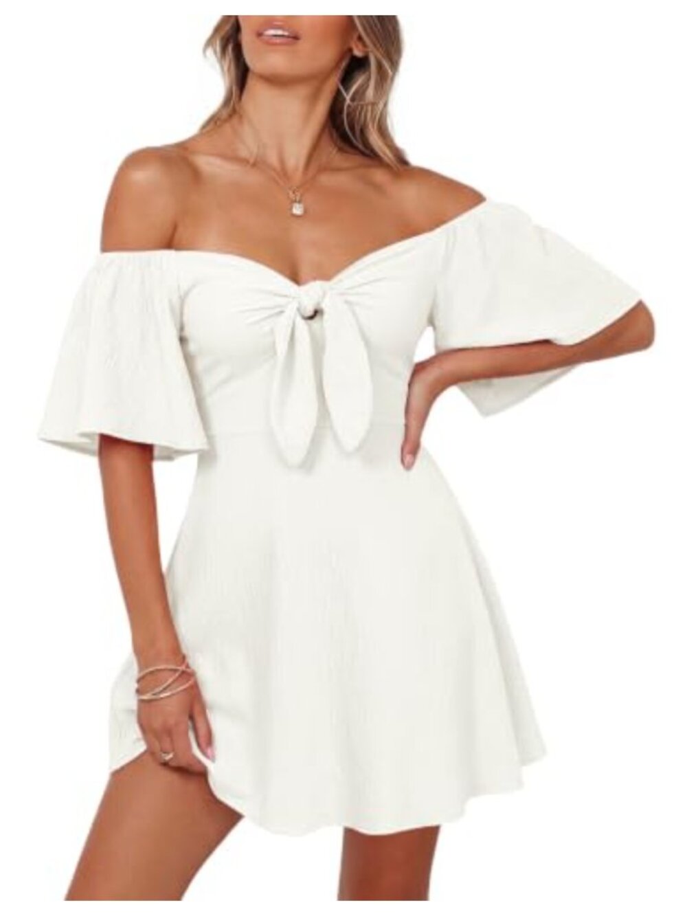 Elegant V-Neck Bow Tie Mini Dress with Ruffle Sleeves Lightweight Summer Casual